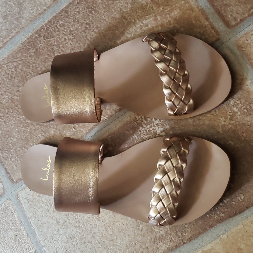Lulus CAYLEE LEATHER SANDAL ROSE GOLD SLIDE - Picture 3 of 11